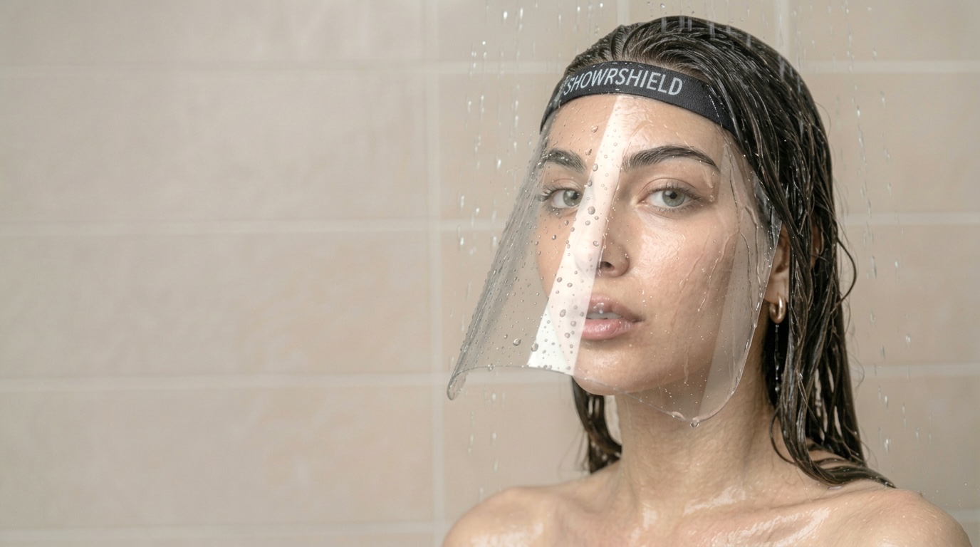 A woman wearing SHOWRSHIELD in the shower, her face protected from running water